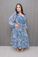 Navy/Khaki Printed Chiffon Long Sleeve Dress