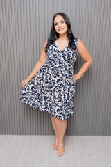 Navy/Ivory Printed Surplice Sleeveless Dress