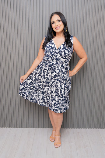 Navy/Ivory Printed Surplice Sleeveless Dress