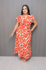 Rust Leaf Print Short Sleeve Maxi Dress