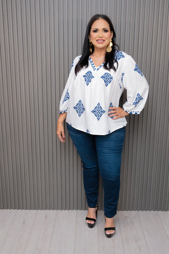 Navy/White  V Printed Loose Elastic Sleeve Top