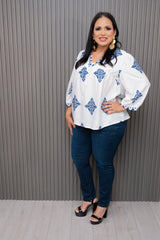 Navy/White  V Printed Loose Elastic Sleeve Top