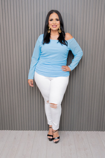 Light Blue Glitter Cold Shoulder Ruched Blouse