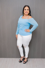 Light Blue Glitter Cold Shoulder Ruched Blouse