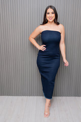 Navy Raw Denim Tube Maxi Dress