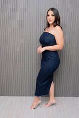 Navy Raw Denim Tube Maxi Dress