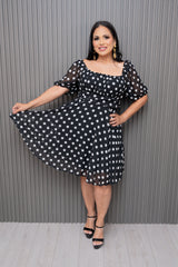 Black Printed Puff Sleeve Polka Dots Dress