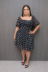 Black Printed Puff Sleeve Polka Dots Dress