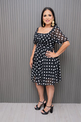 Black Printed Puff Sleeve Polka Dots Dress