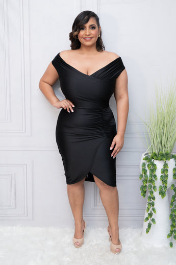 Black Poly Satin Off Shoulder Dress