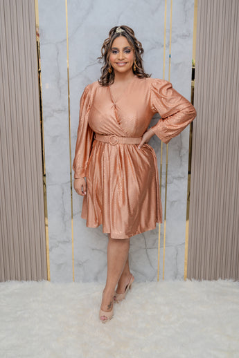 Peach Long Sleeve Belted Dress