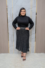 Black Pleated Metallic Midi Skirt