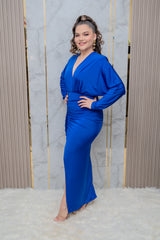 Royal Blue Draped Shoulder Midi Dress