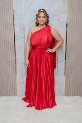 Red Pleated One Shoulder Maxi Dress