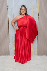 Red Pleated One Shoulder Maxi Dress