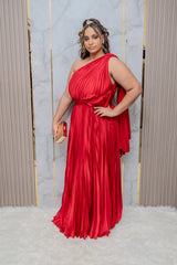 Red Pleated One Shoulder Maxi Dress