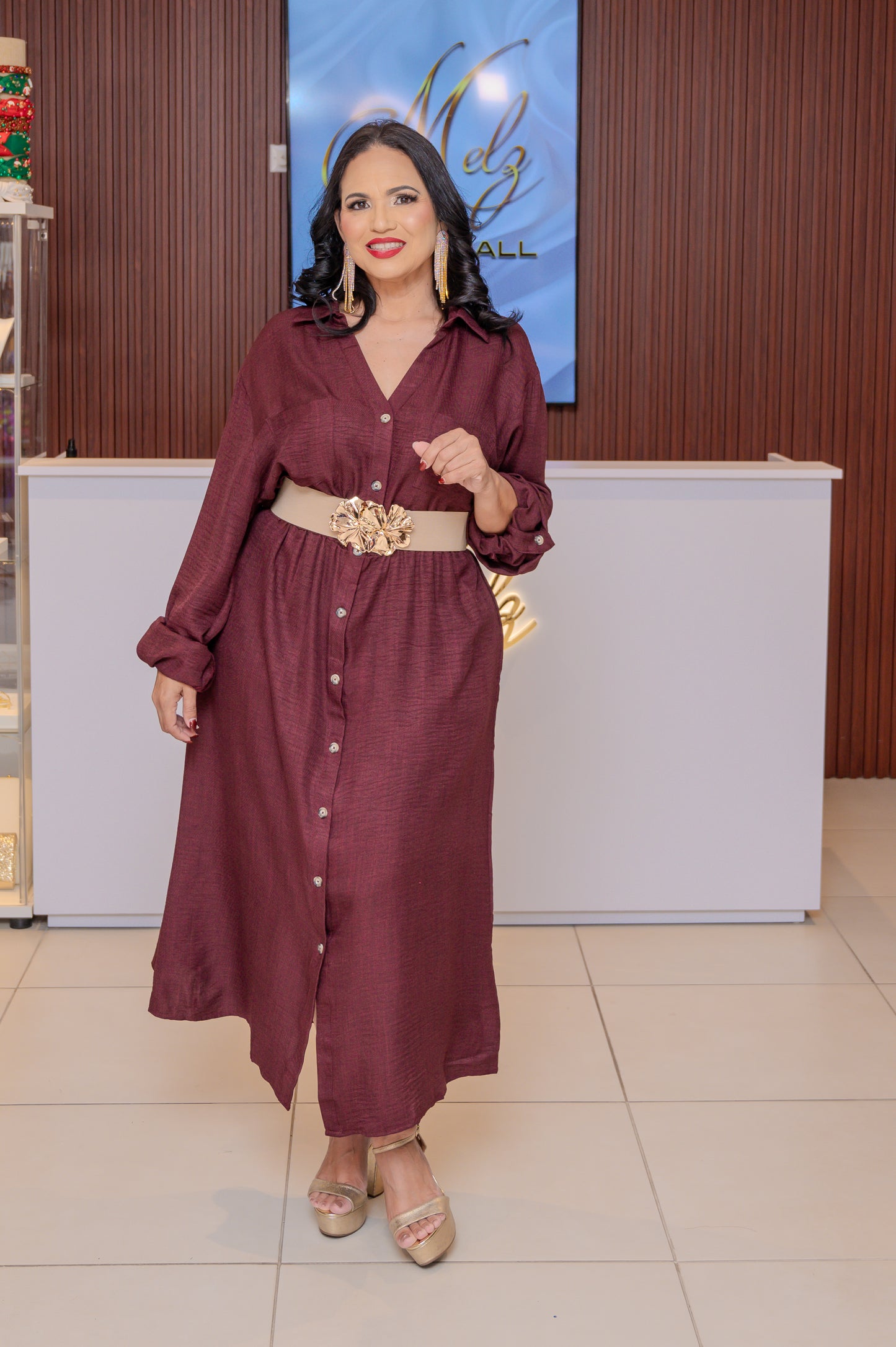 Burgundy Button Down Dress with Sleeve Tabs