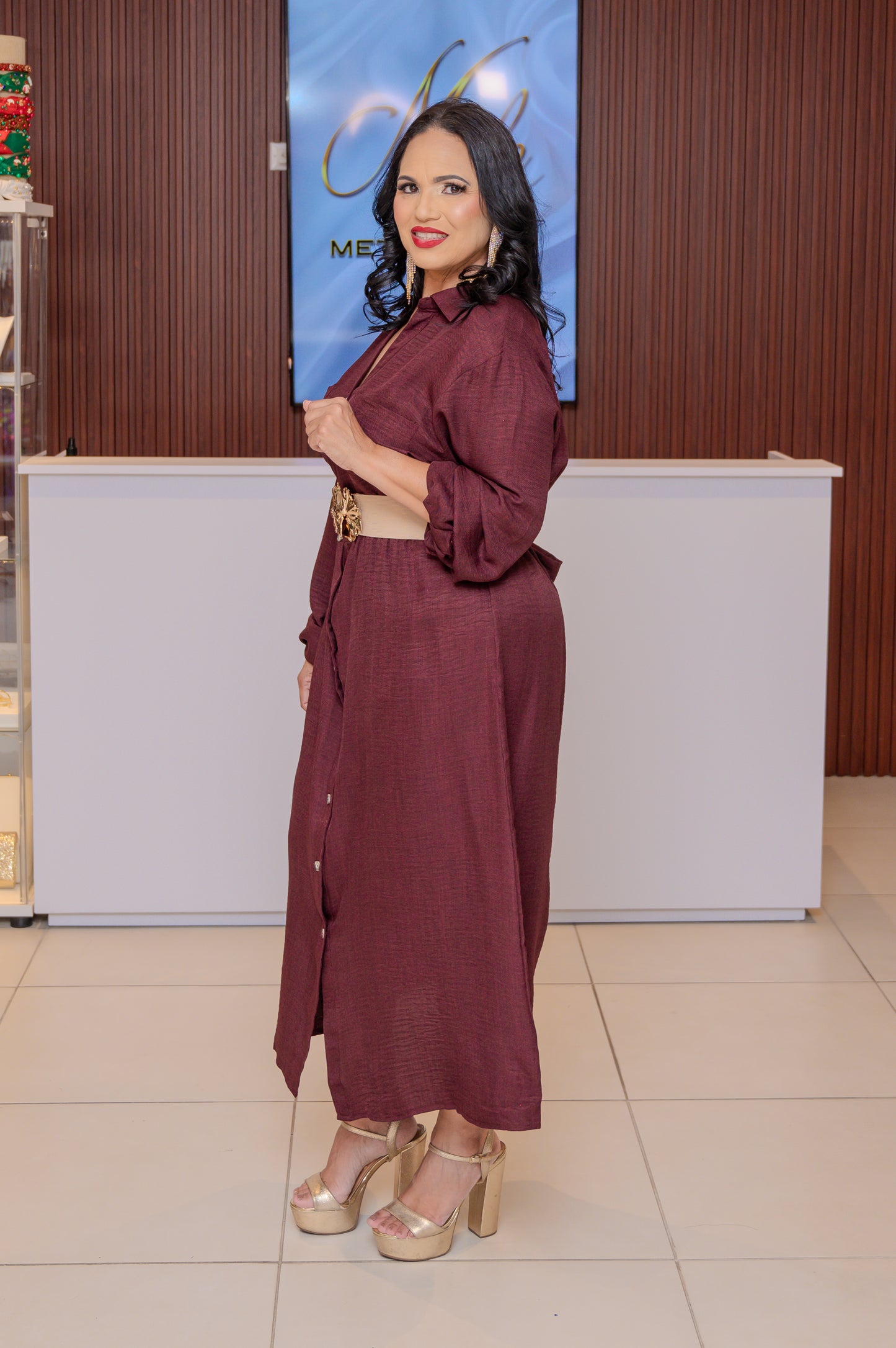 Burgundy Button Down Dress with Sleeve Tabs