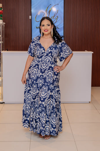 Navy Printed Short Sleeve Maxi Dress