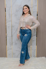 Medium Wash Bootcut Jeans with Pearl Star Embellishment