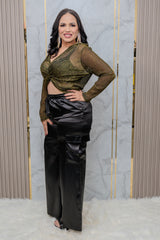 Black Satin Front Tie Pants