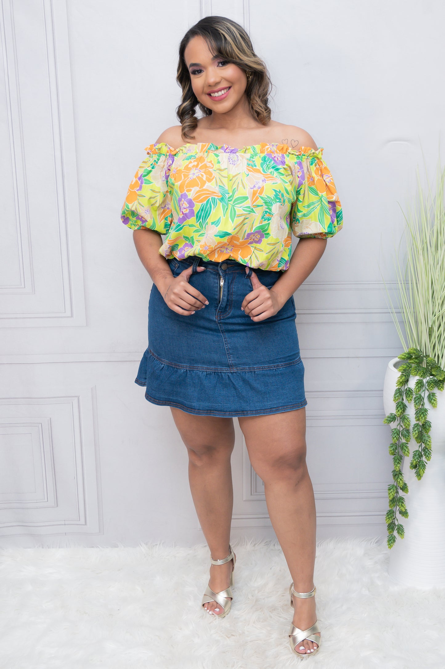 Medium Wash Bottom Ruffle Denim Skirt