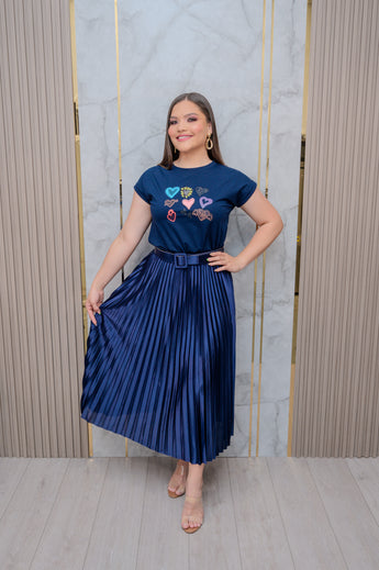 Navy Pleated Satin Midi Skirt