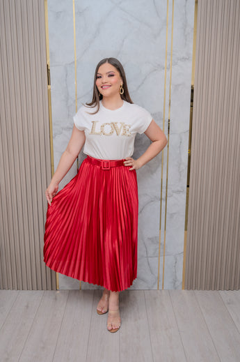 Red Pleated Satin Midi Skirt