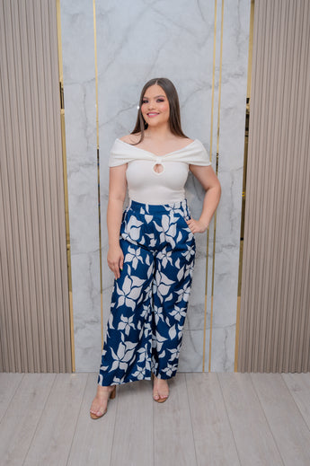 Navy Floral Wide Leg Pants