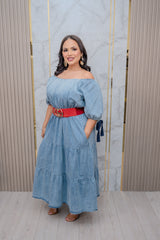 Denim Blue Tiered Maxi Dress with Bow Detail