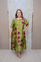 Green Floral Satin A Line Dress