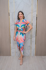 Multi Color Printed V Neck Front Pleat Bodycon Dress