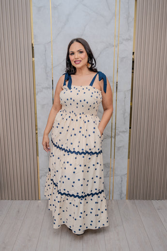 Blue Polka Dots Tiered Maxi Dress