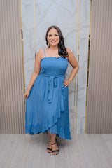 Denim Blue Asymmetric Smocked Dress