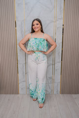 Ivory and Green Floral Crop Top and Pant Set