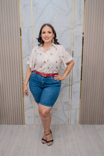 Cherry Button Down Short Sleeve Blouse