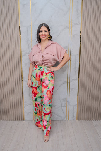 Coral/Pink Satin Floral Wide Leg Pants