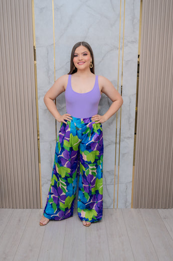 Blue Purple Satin Floral Wide Leg Pants