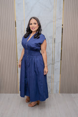 Navy Drop Shoulder Smocked Waist Midi Dress