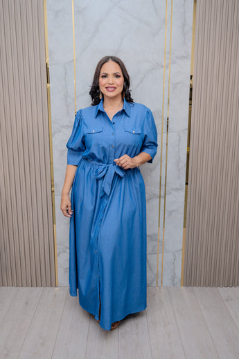 Denim Printed Belted Maxi Dress