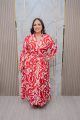 Red Printed Belted Maxi Dress