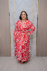 Red Printed Belted Maxi Dress