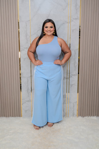 Pastel Blue Wide Leg Pants with White Side Trim