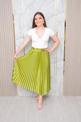 Lime Green Pleated Satin Midi Skirt