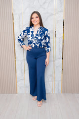 Navy Printed Button Down Blouse