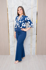Navy Printed Button Down Blouse