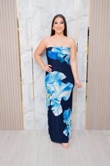 Navy Floral Strapless Bodycon Maxi Dress
