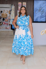 Ivory/Blue Sleeveless Printed Midi Dress