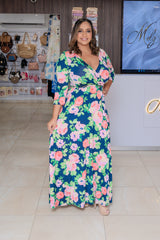 Navy/Peach Floral Wrap Maxi Dress