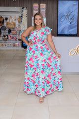 Pink Multi Floral One Shoulder Belted Maxi Dress
